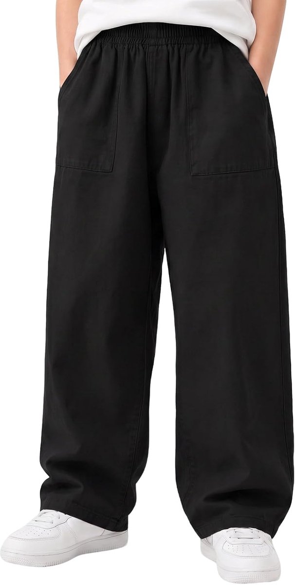 Jongens Baggy Joggingbroek Katoenen Lange Broek Kinder Tieners Elastische Taille Cargobroeken Wijde Pijpen Vrijetijdsbroek met Zakken Streetwear Sportbroek voor 6-13 Jaar