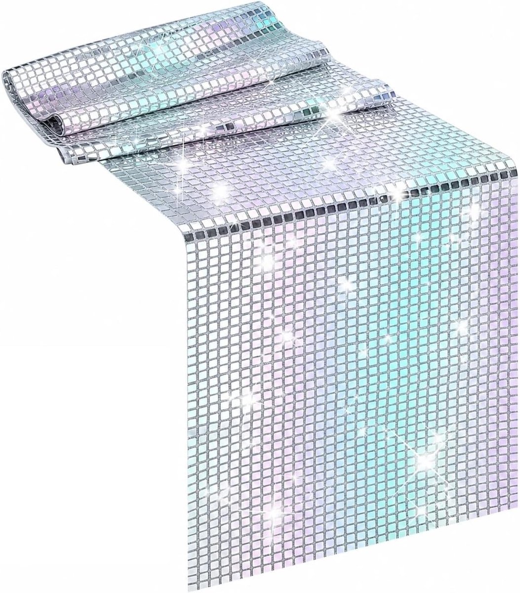 tafelloper, 30 cm x 274 cm, glitter tafelloper, zilveren tafelloper met glitters, tafelloper glitter, dansfeest, bruiloft, tafeldecoratie, tafelloper voor verjaardag, dansfeest