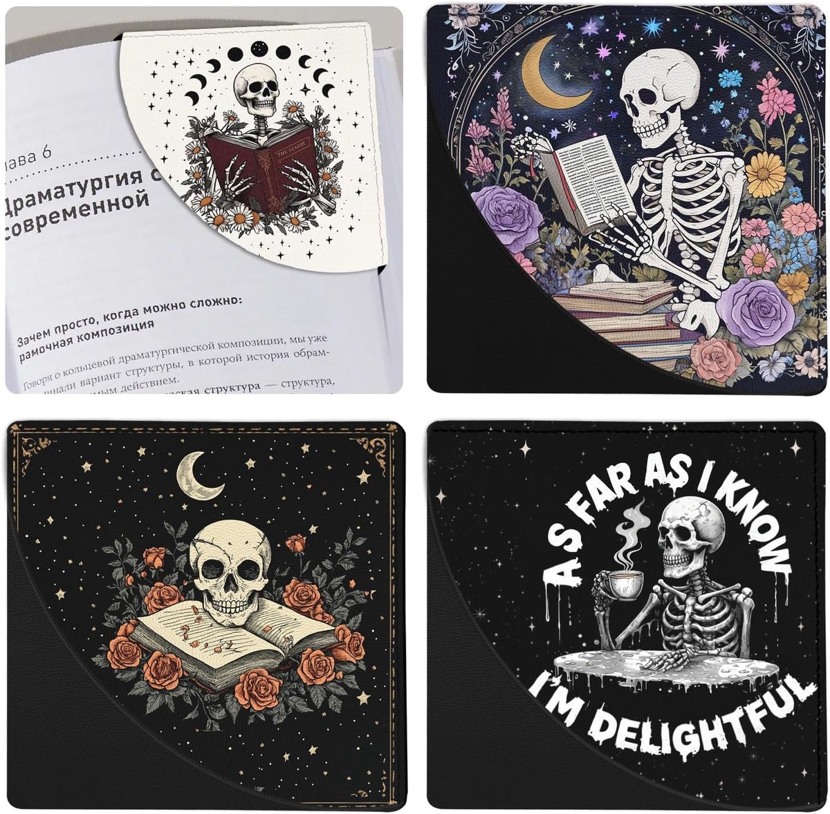 Boekenleggers voor het lezen van vrouwen, 4 stuks grappige lederen boekaccessoires voor boekenliefhebbers, schedel hoek bladwijzers, voor vrouwen mannen student leraar pensioen