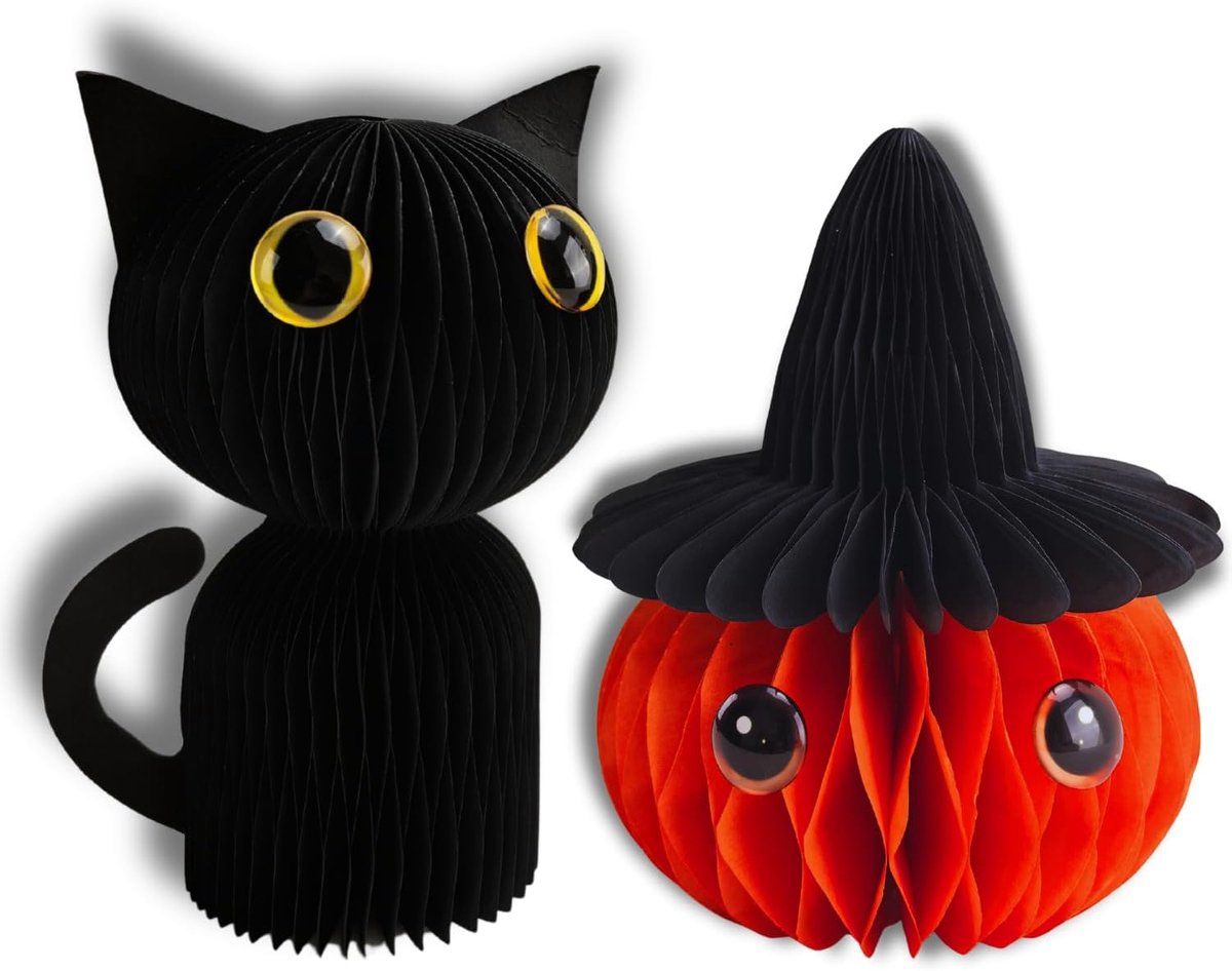 Papier Honingraat Tafeldecoraties: Zwarte Kat & Pompoen met Heksenhoed - 15 cm Tafeldecoratie voor Thuis, Bureau, Mantel