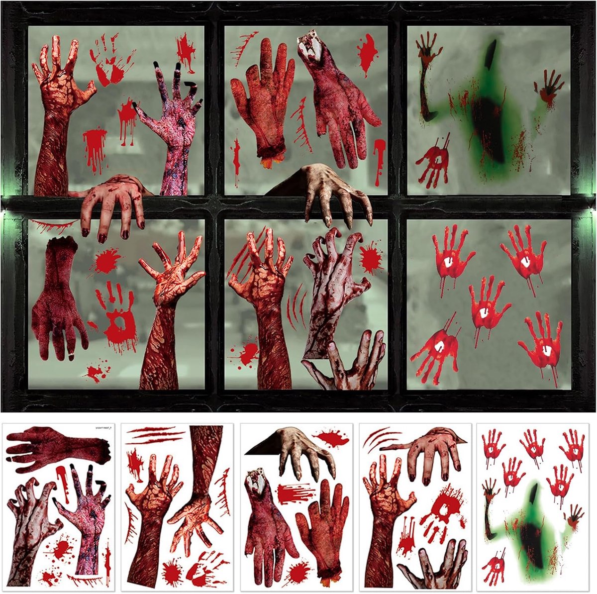 Raamstickers, 5 vellen enge handen bloedige handafdruk stickers Halloween deurdecoraties muurstickers vloer klampt zich vast voor thuis, badkamer, woonkamer, binnen en buiten