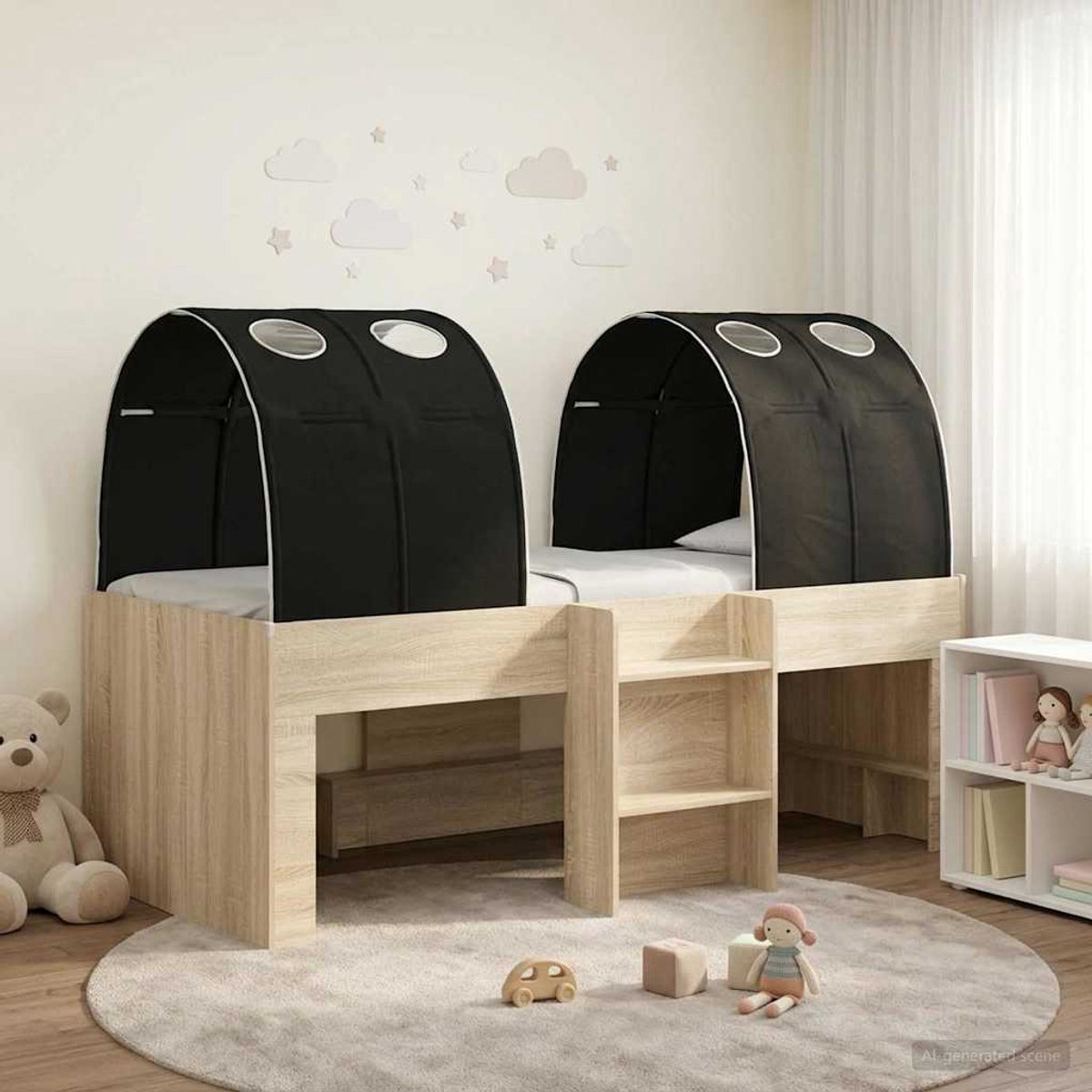 vidaXL Bed - met - Tunnel - 3 - st - Sonoma - en - Zwart - Bewerkt - hout Sonoma en zwart