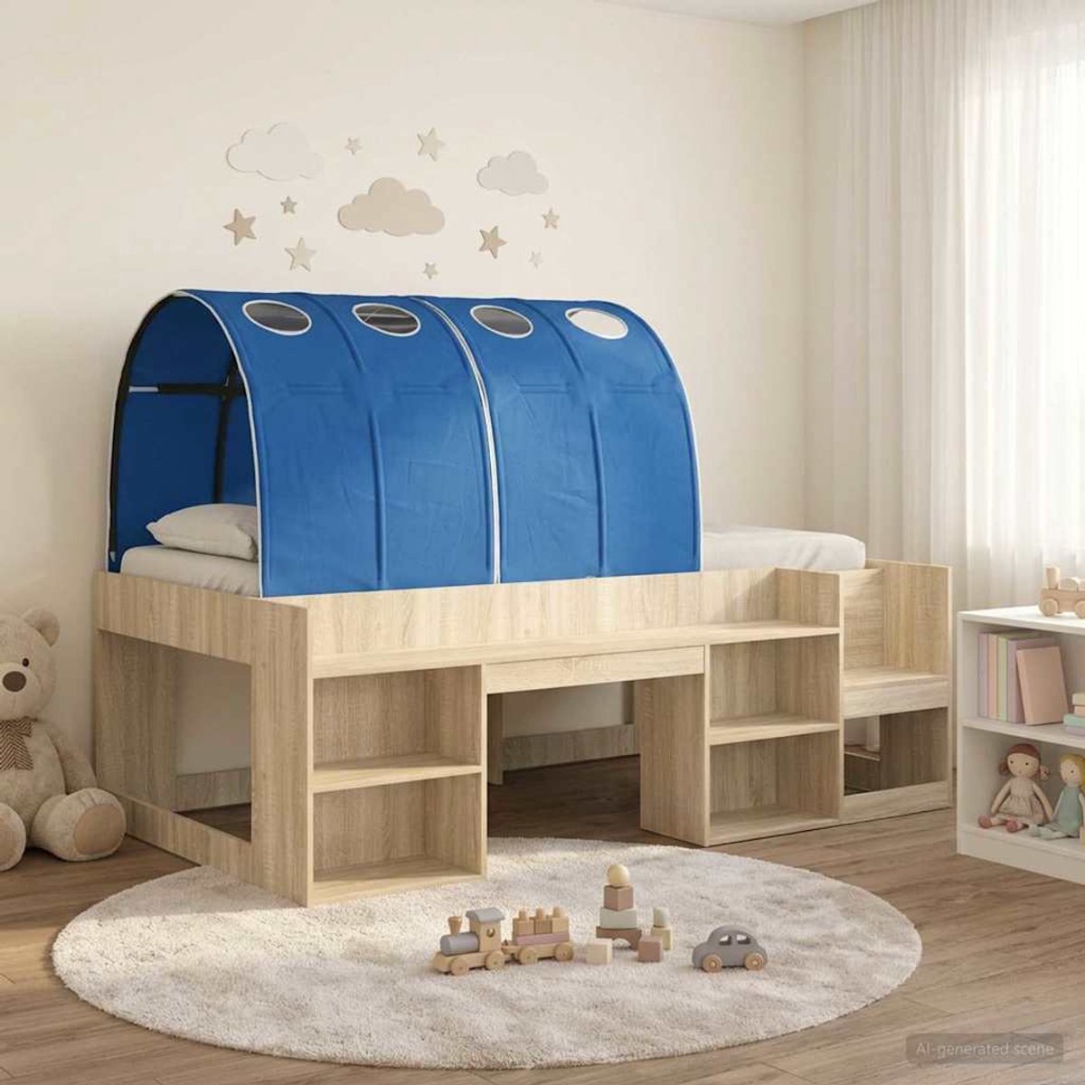 vidaXL Bed - met - Tunnel - 3 - st - Sonoma - eiken - en - blauw - Bewerkt - hout Sonoma eiken en blauw