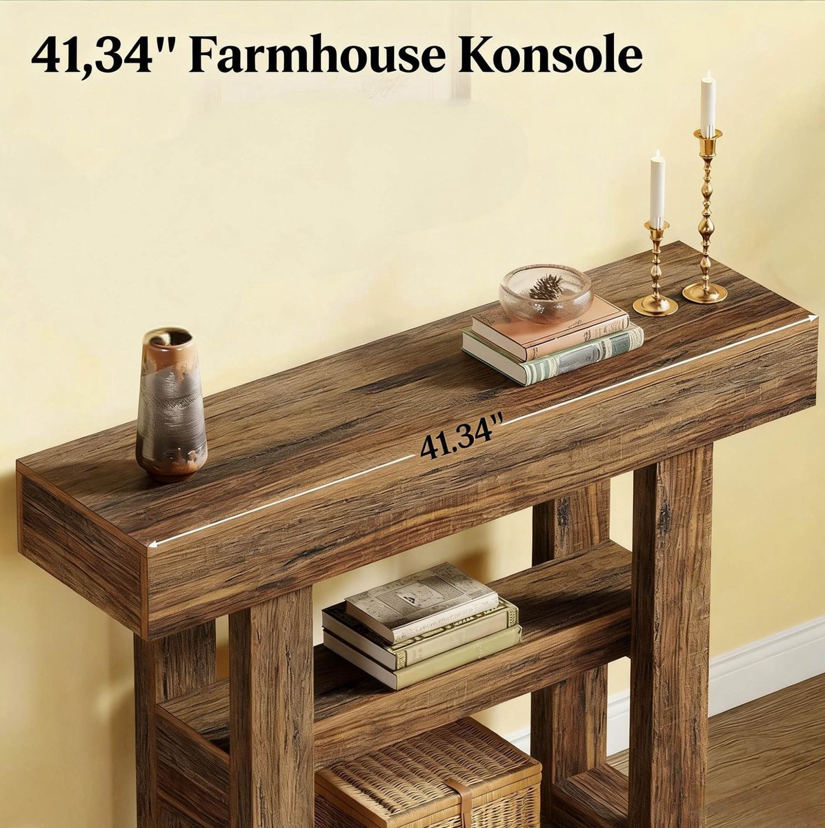 MEUNIQ Sidetable en konsolentafel 105 x 30 x 80 cm, 2 open niveaus, verstelbare poten, landelijke houtlook voor hal of woonkamer, bruin