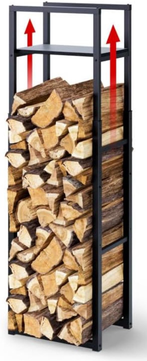 Thuys - Brandhoutrek Metaal Zwart – 45 × 32 × 170 cm – In 3 Hoogtes Verstelbaar – Met Opbergrek – Binnen & Buiten