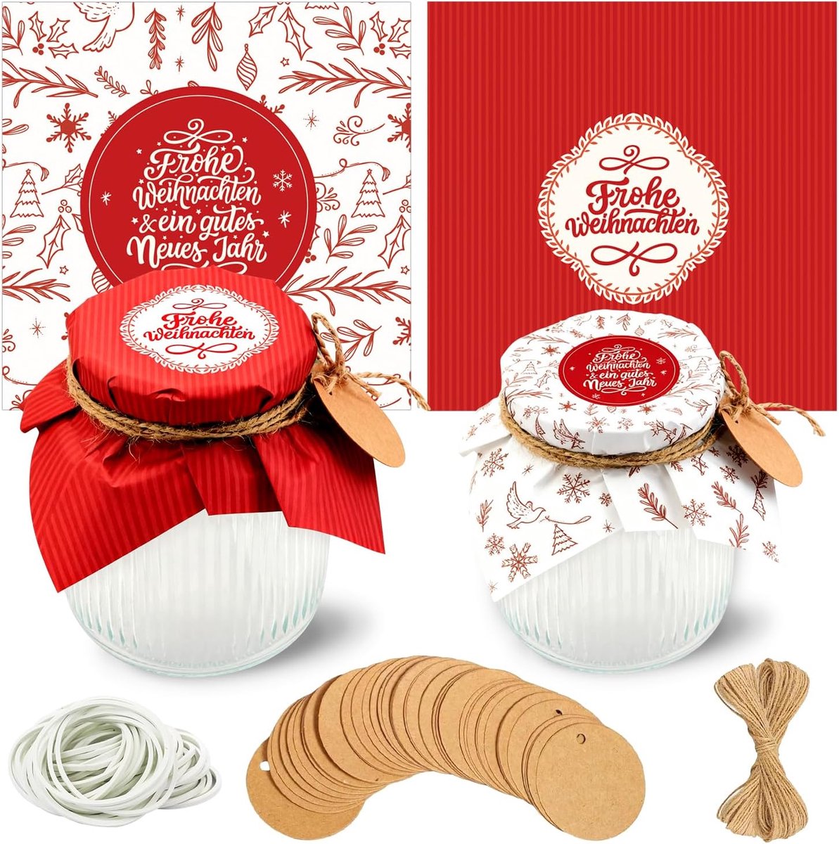 Set van 40 jamdekens, kerstset voor jampotten, 15 cm + 20 m jute garen + 40 verstelrubbers + 40 geschenkhangers, kerstdecoratie voor jampotten, klein (rood)
