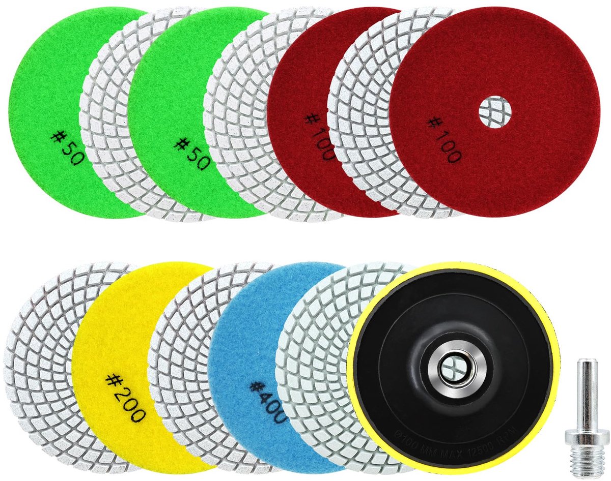 Diamant Polijstpads - Voor nat gebruik, met M14 steunschijf en adapter - Voor graniet, marmer, kunststeen, kwarts en haakse slijper - 12 stuks, 100 mm, Korrel 50 (4x), 100 (4x), 200 (2x),