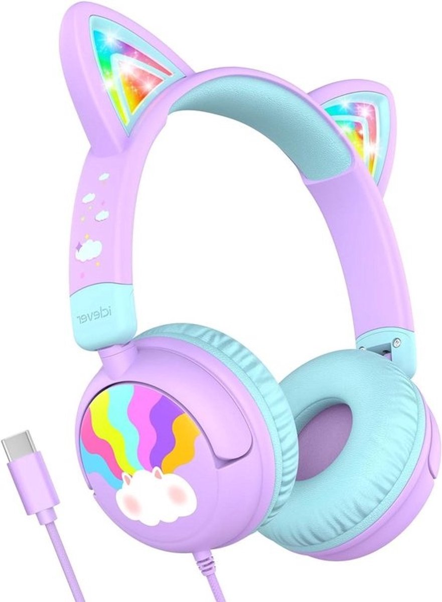 Kinderhoofdtelefoon met LED - Koptelefoon voor kinderen - School en Reizen - Veilig Volume 85dBA - On-ear - Paars