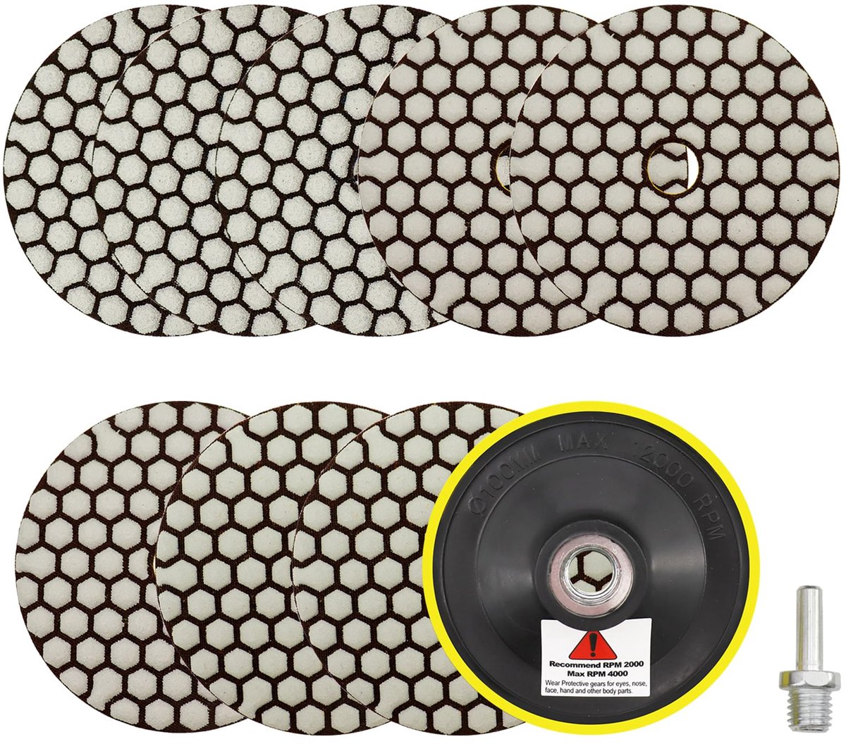 Droog Diamant Polijstpads Set - Met M14 steunschijf en adapter - Voor graniet, marmer, kunststeen, kwarts en haakse slijper - 100 mm - 8 stuks - Korrel 50 (3x), 100 (3x), 200 (2x)