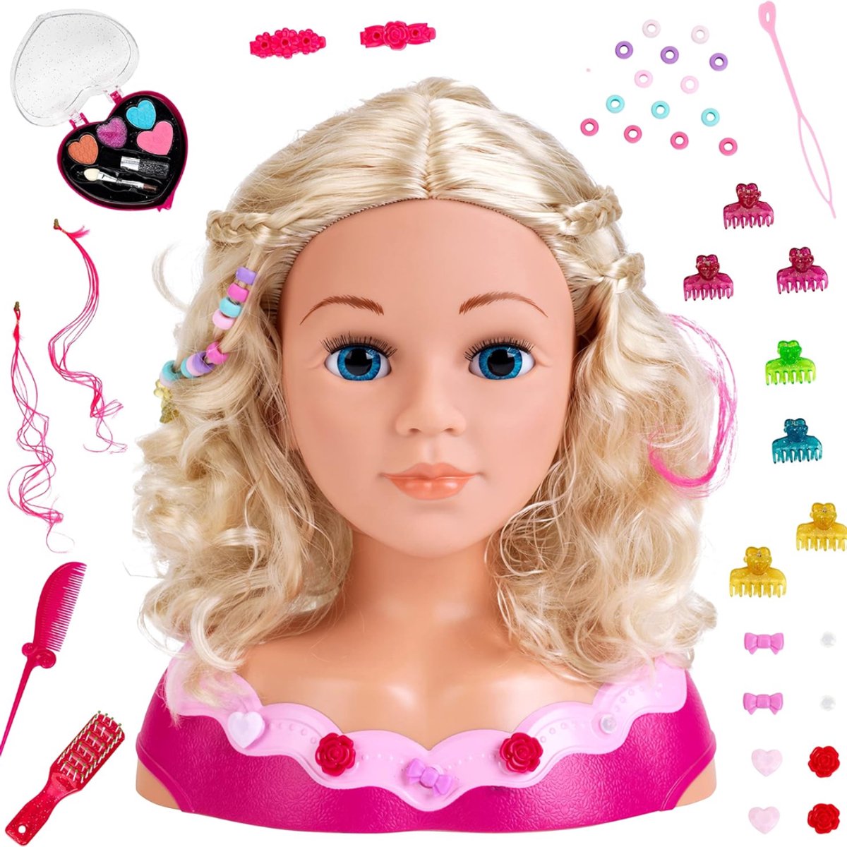 Levo® Kaphoofd voor Meisjes - Sminkpop Met Make-up voor Kinderen - Makeup Pop - Kappop - Schminkpop voor Meisjes - Opmaakpop - Kapkop - 24cm x 13cm
