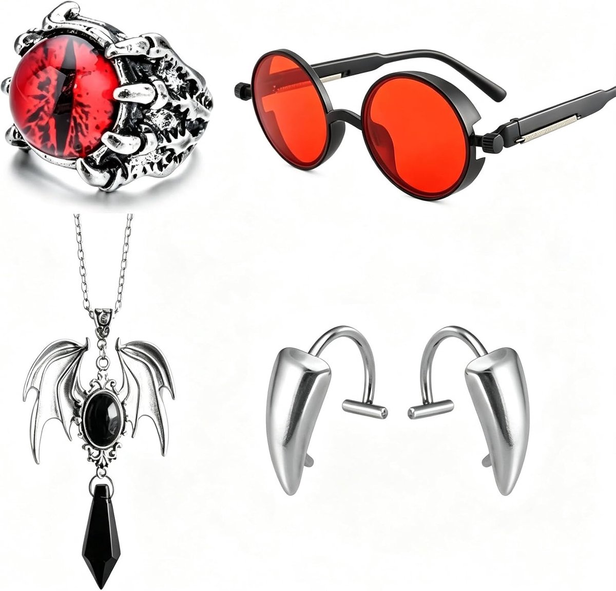 Vampierkostuum voor heren, 4-delig met rode bril, vleermuisketting, ring en vampiertanden, Dracula-kostuum voor heren, voor Halloween, cosplay, carnaval, duivelskostuum man, vampieraccessoires
