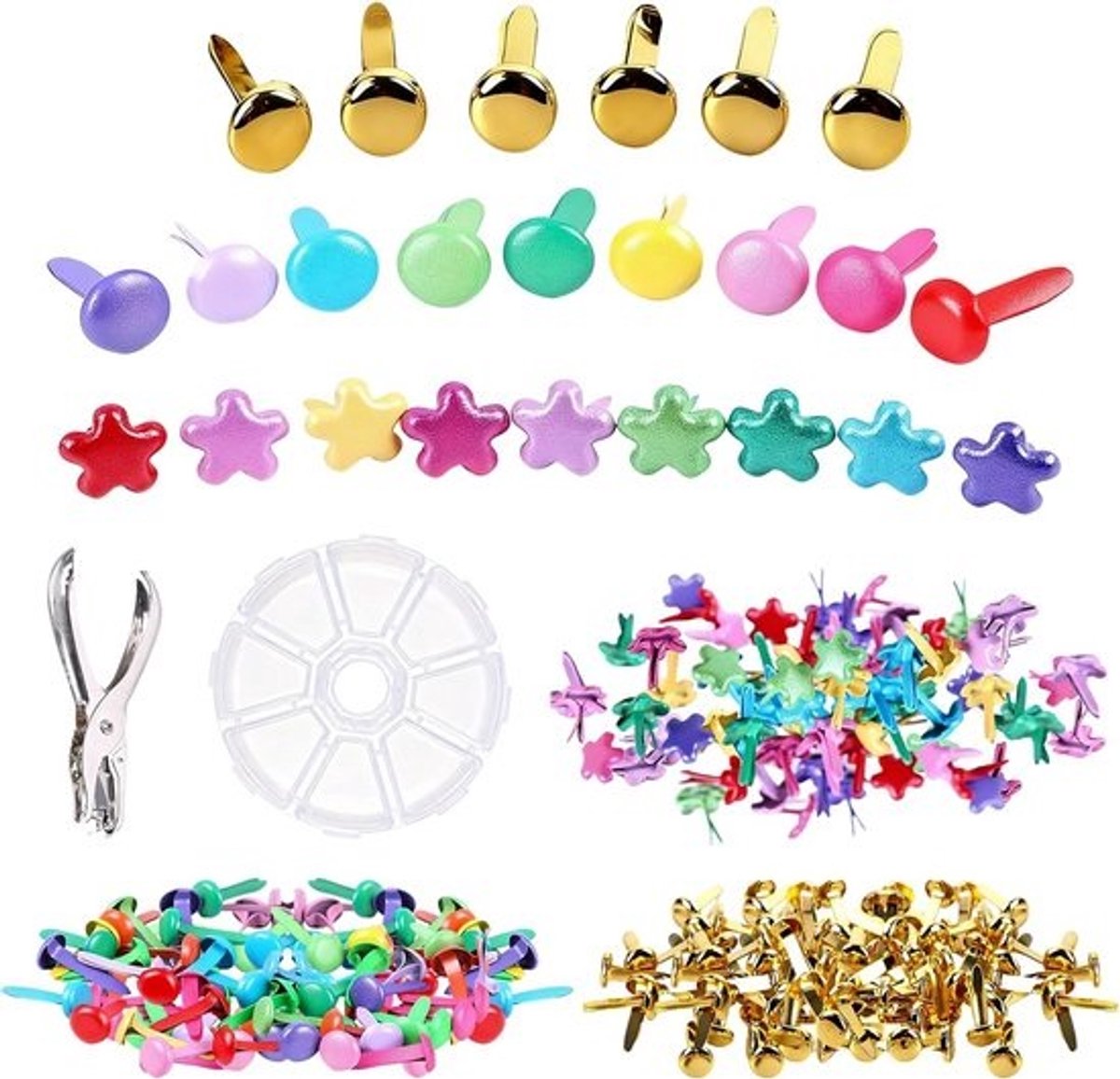 300 Stuks Gekleurde Decoratieve Brads / Nietjes voor Knutselen en Scrapbooking inclusief Perforator en Opbergdoos