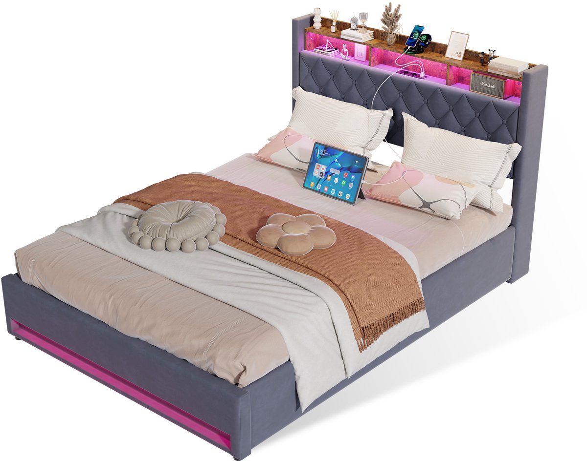 MEUNIQ Gestoffeerd bed 160x200 cm met lattenbodem, fluwelen bedframe met bekleed hoofdbord en metalen ondersteuning, donkergrijs