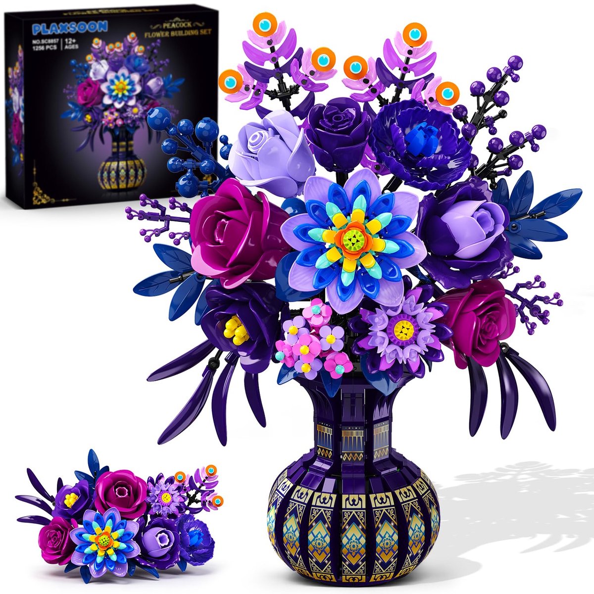 PLAXSOON Pauwenboeket Bouwsets met Vaas – 1256 Delen – Paarse Bloemen Compatibel – Bouw Spleegoed voor Kinderen 12+
