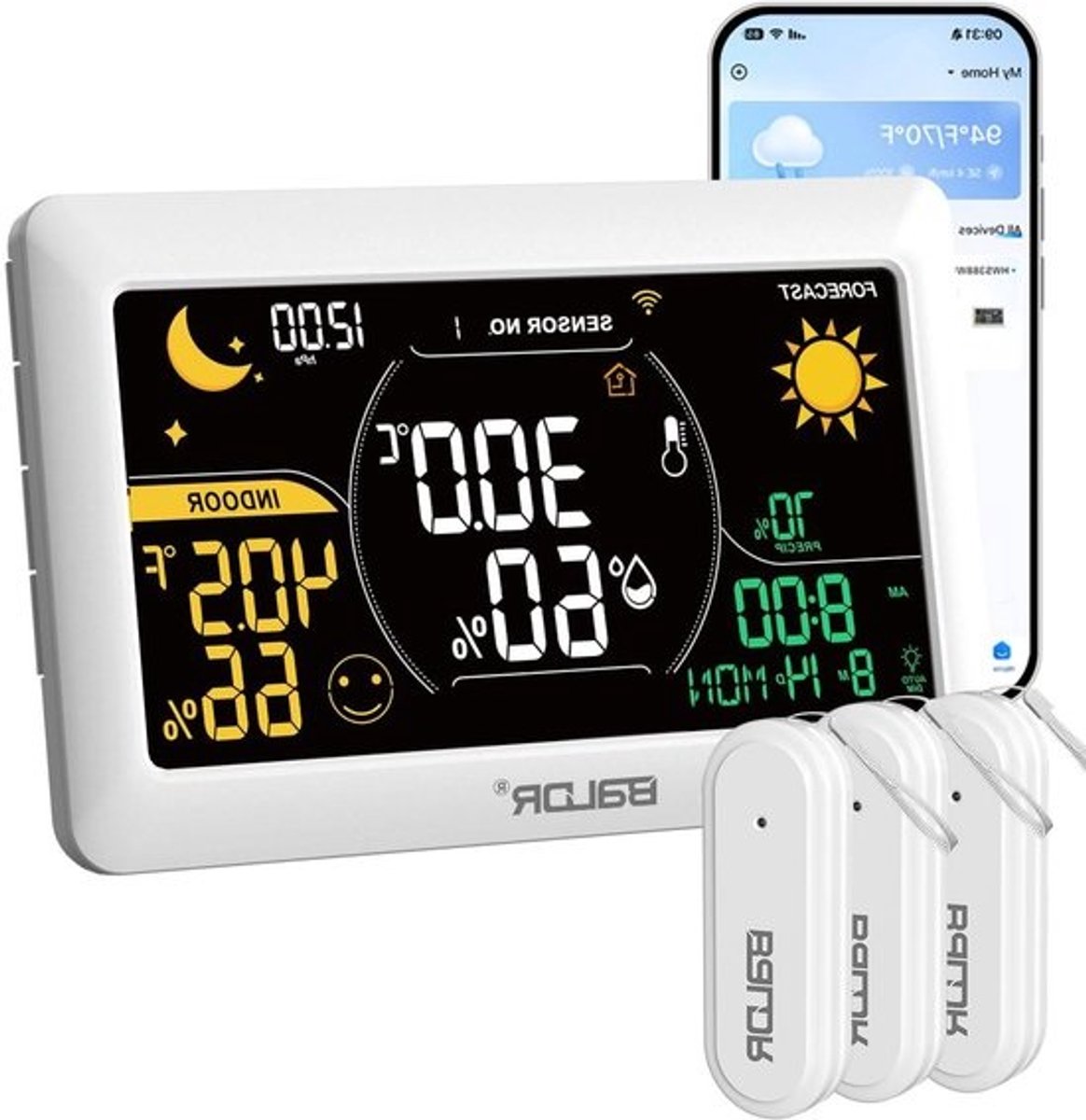 Draadloos Weerstation - Weersvoorspeller Binnen Buiten - Thuis Weer Monitoren - 7.5-inch Kleurendisplay - 3 Sensoren - Wit