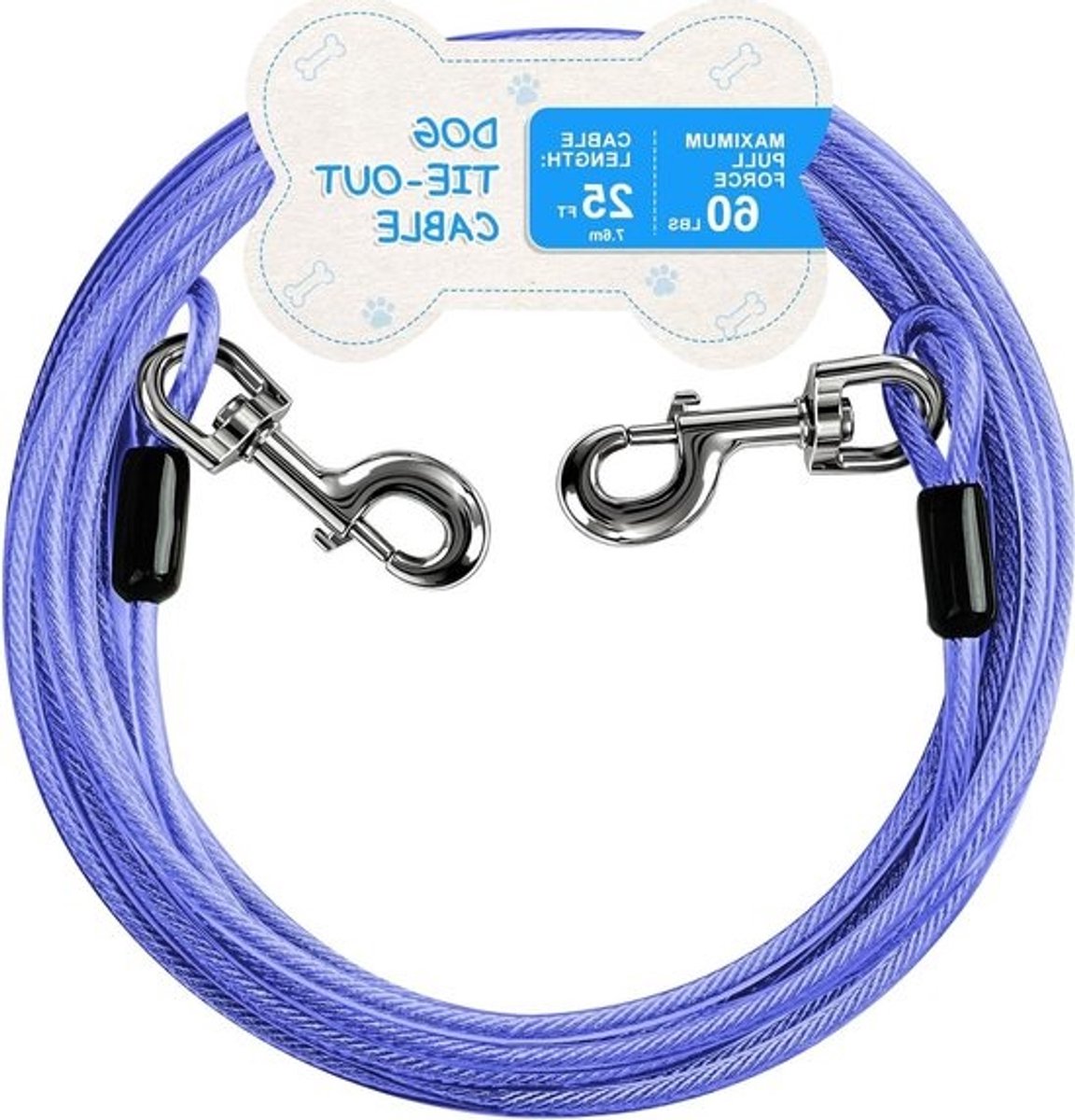 Hond Tie Out Kabel - Hondenlijn Aanlijnlijn - Veilig Buiten Spelen - Staal met PVC-coating - 25ft 60 Lbs - Blauw