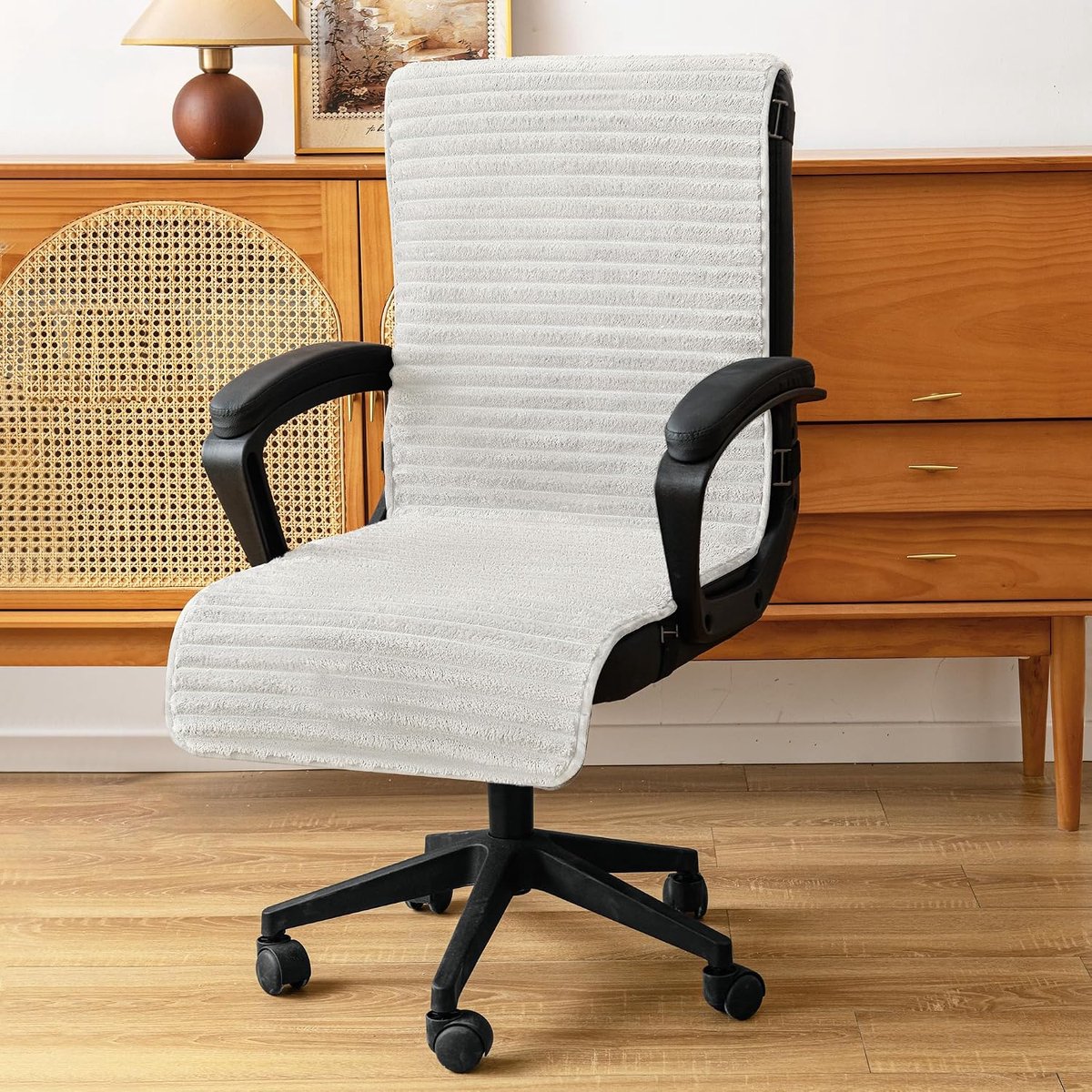 Flanellen Bureaustoelhoes met Elastische Banden, Afneembare Wasbare Stoelhoezen, Antislip Stoelhoes Eetstoelhoezen Voor Kantoor, Keuken, Restaurant(Beige, L)
