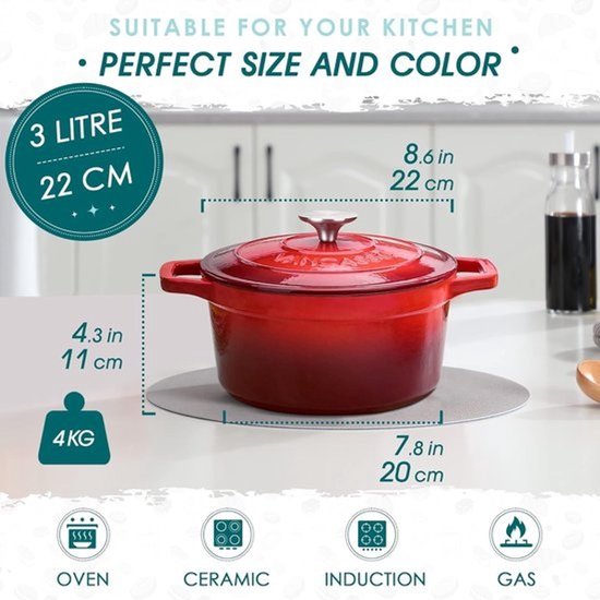 Gietijzeren Pan - Stoofpan met deksel - Langzaam Garen - Waterdampcirculatie - 3 Liter - Rood — afbeelding 2