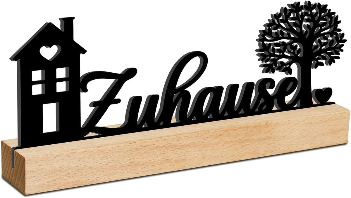 Decor Thuis acryl standaard, zwart huis en boom motief met houten sokkel voor ingang, woonkamer en cadeau