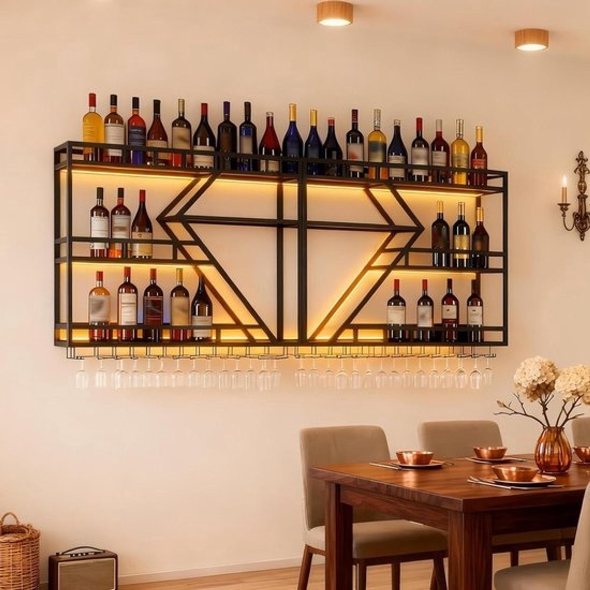 Wijnrek met Glashouder - Wijnfleshouder Bar - Ruimte Besparen - Unieke Diamantvorm - 200 cm 3 Niveaus - Zwart
