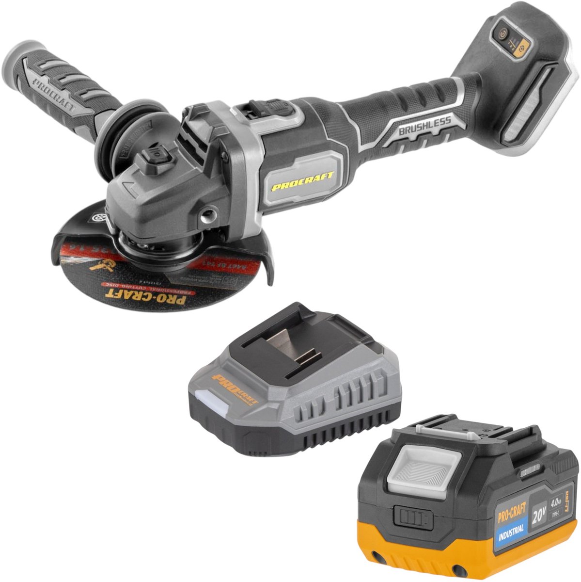 Procraft Industrial AG125Bbb accu-haakse slijper 20 V 125 mm borstelloos Solo - zonder accu, zonder oplader