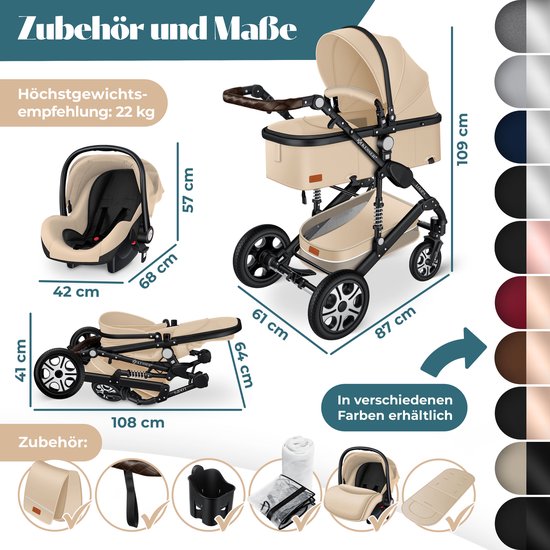 KESSER® Kinderwagen 3 in 1 Loops Wandelwagen Set incl. Autostoel & Reiswieg & Buggy Sportzitje - Massieve Rubberbanden - Luiertas / Regenhoes - Beige / Zwart van KESSER® — afbeelding 2