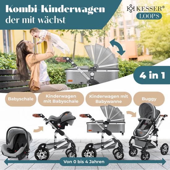 KESSER® Kinderwagen 3 in 1 Loops Wandelwagen Set incl. Autostoel & Reiswieg & Buggy Sportzitje - Massieve Rubberbanden - Luiertas / Regenhoes - Asfalt-Grijs / Zilver — afbeelding 4