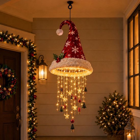 Verlichte kerstmuts hangdecoratie aan een ketting, met sneeuwvlokken, witte pluche rand en kerstversieringen aan lichtjes, buiten bij een entree.
