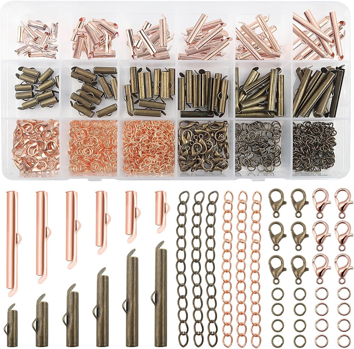 Dailygoods- Schuifsluitingen 540 Stuks - Verguld voor Sieraden - Eindbuis/Schuifreidingen - 6 Maten - Voor Oorbellen/Halskettingen - Hoogwaardig Mater