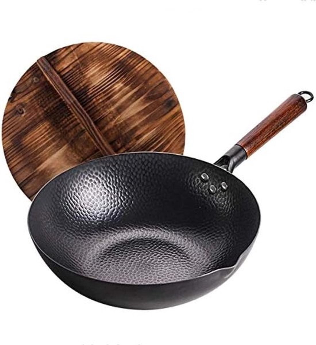 Wokpan Koolstofstaal - Oosterse Pan - Authentiek Koken - Handgehamerd Ambacht - 32 cm Diameter - Zwart