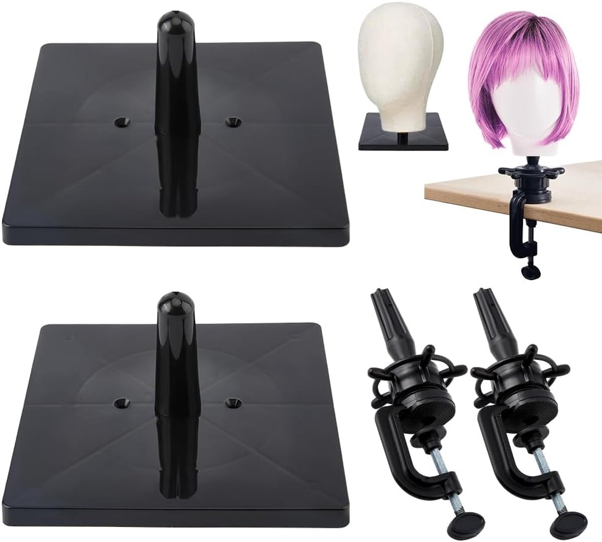 4 stuks 2 stijlen houders voor mannequinhoofden voor pruikkoppen met metalen tafelklem voor etalagepoppen van schuim voor pruiken voor het presenteren van kapsels en kapsels