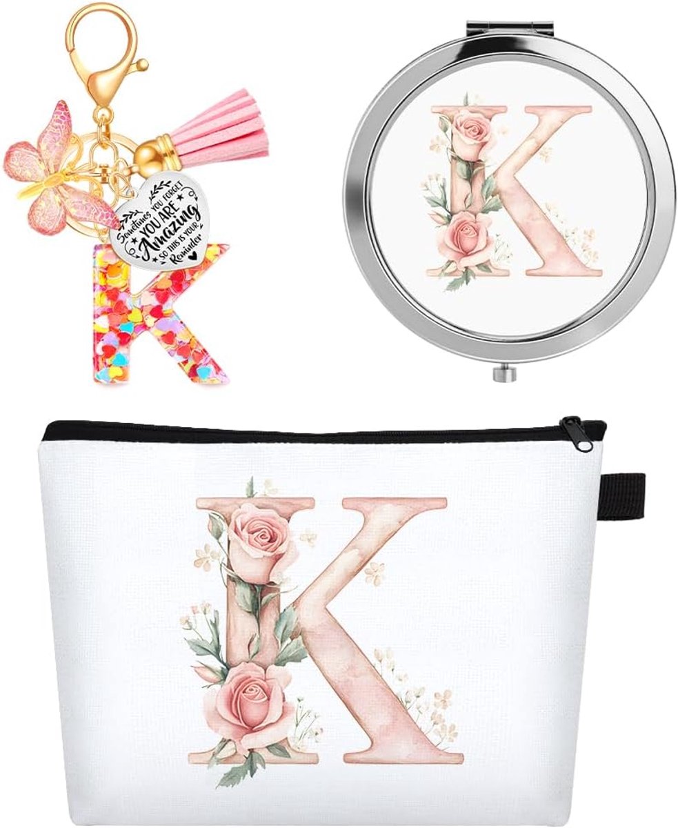 Gepersonaliseerde Make-up Tas met Initialen, Make-up Tas met Spiegel & Motivatie Sleutelhanger, A–Z Initialen, Perfect Cadeau voor Meisjes, Vrouwen & Bruidsmeisjes (K)