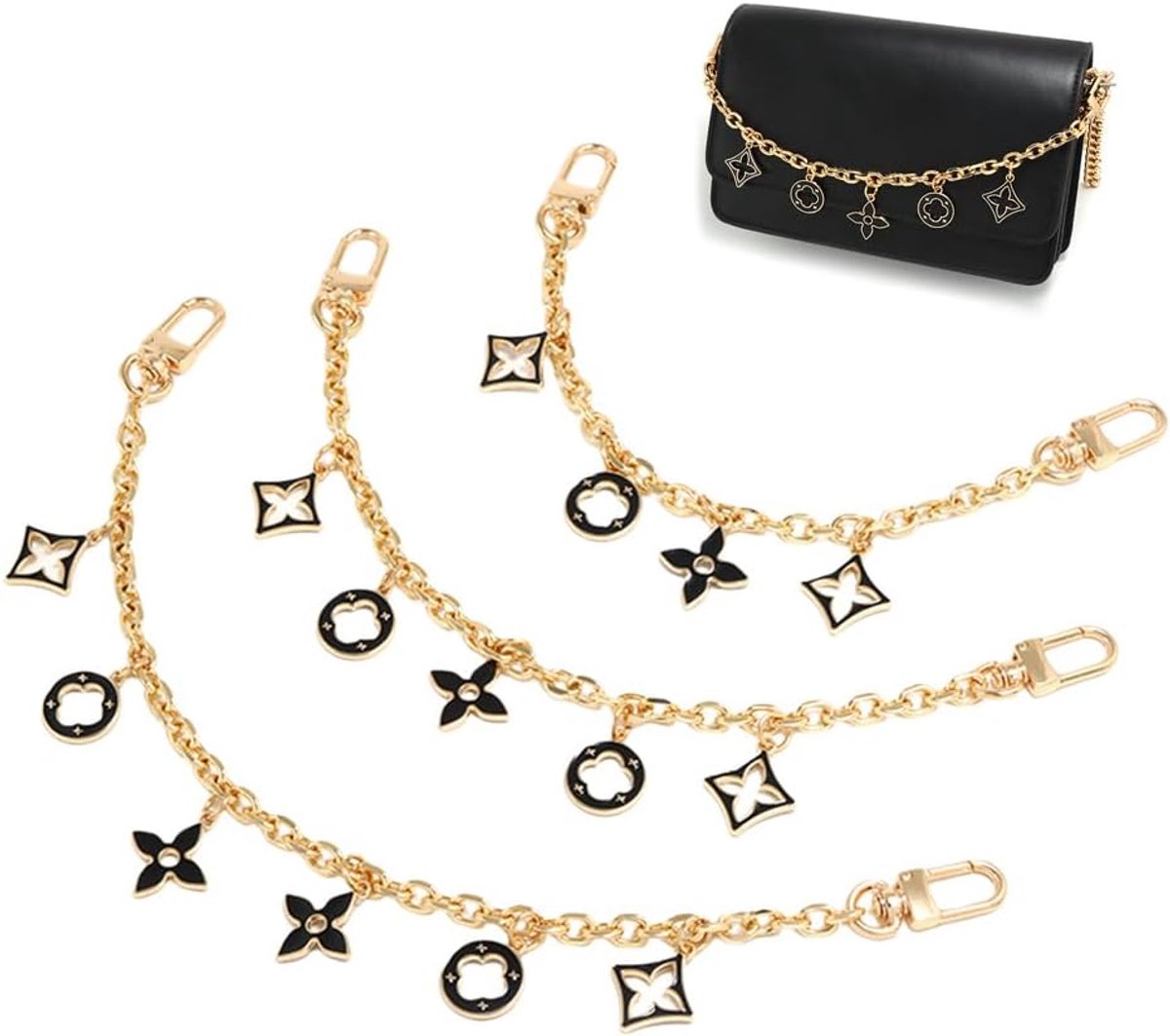 Set van 3 Decoratieve Gouden Taskettingen Gouden Tasbedels Schouderketting met Klavertjevier Hanger Decoratieve Accessoire (Zwart)