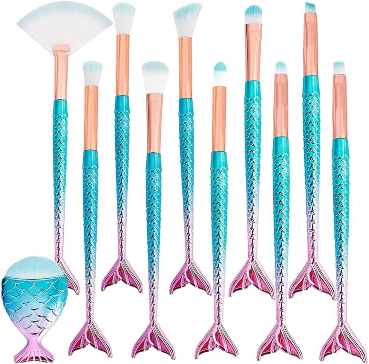 Dailygoods- Make-upkwastenset 11 stuks - Professionele Cosmetica - Nylonvezel - Verloopkleuren - Reiniging - Zeemeermin Design - Make-upborstels
