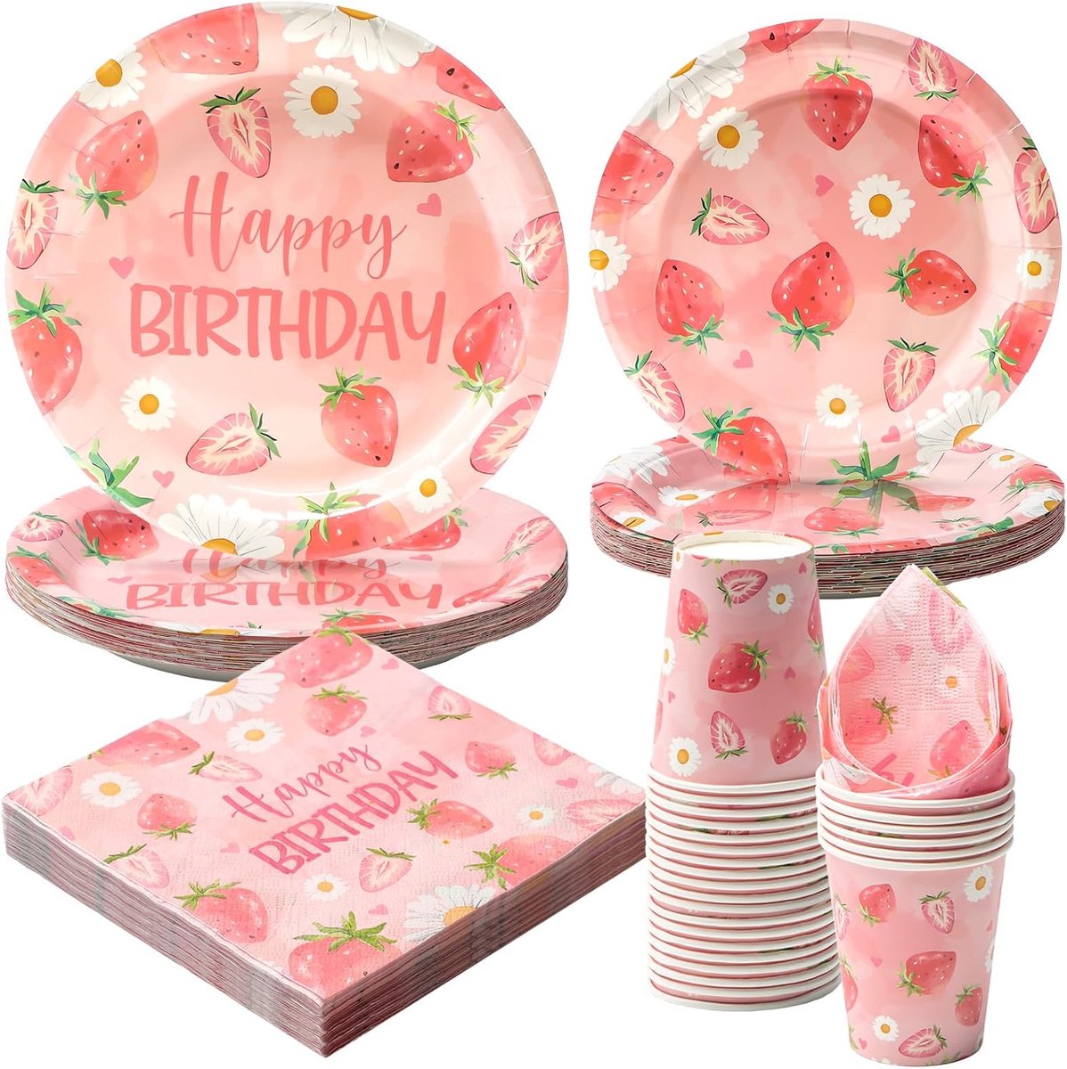 96 stuks aardbeien-partyserviesset, aardbeien, wegwerppapier, borden, servetten, kopjes voor aardbeien, party, decoratie, bordenset, serveren, 24 gasten