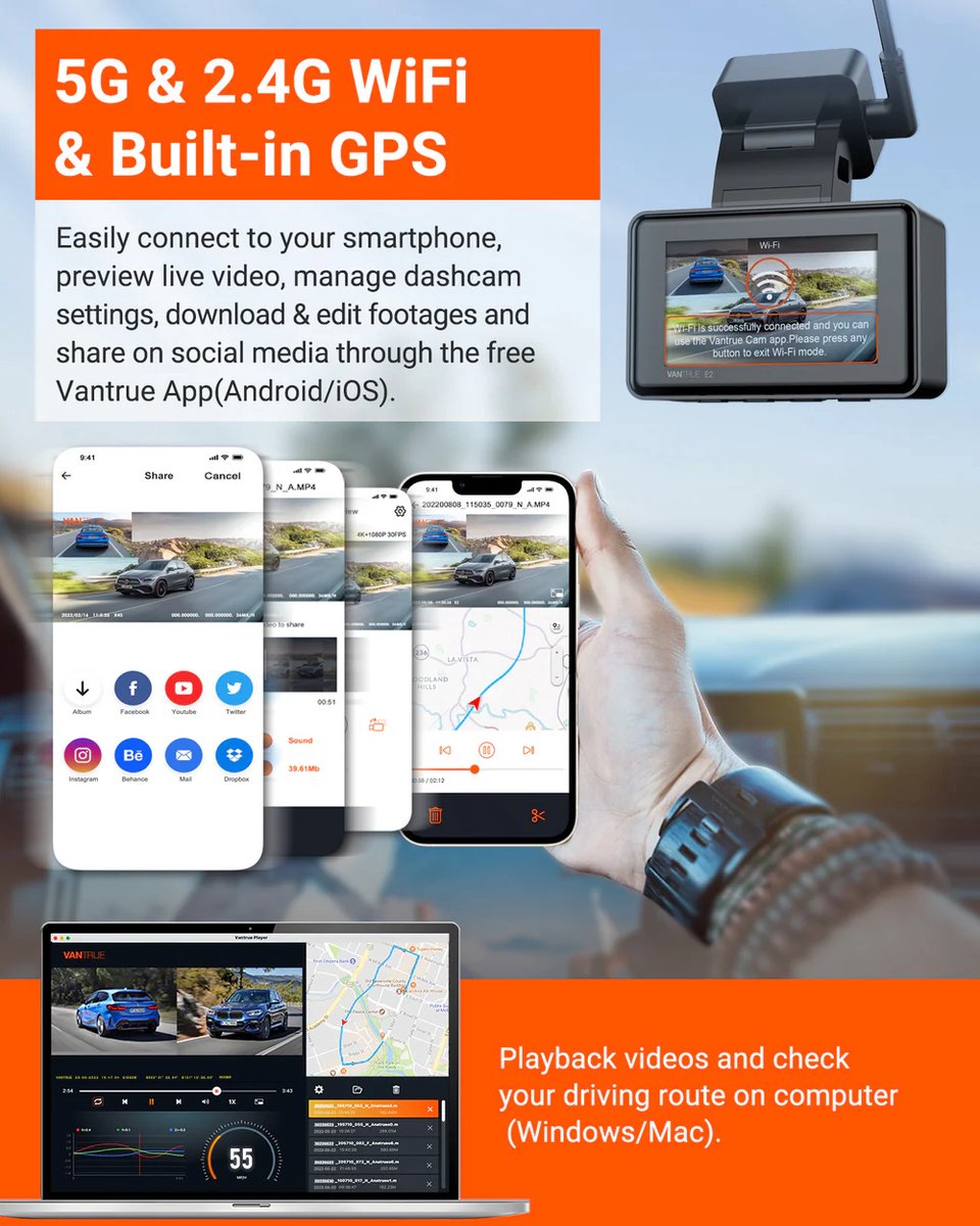 VANTRUE E2 1944P+1944P Dashcam Auto 5GHz WiFi GPS, Draadloze en Spraakgestuurde Dashcam Voor Achter, WDR-nachtzicht, Buffer Parkeermodus Autocamera, 2,45 Inch Lusopname G-sensor, Max. 512GB thumbnail 6
