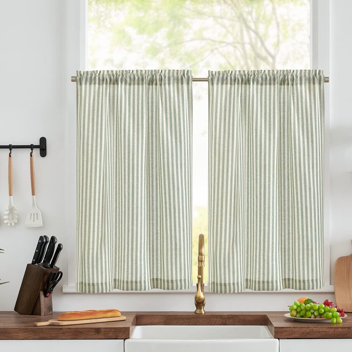 Vitrage, groen, vitrage, modern, keuken, linnenlook, bistrogordijn, set van 2, 65 x 90 cm (b x h), met stangdoorgang, semi-transparant, gestreept, landhuisgordijnen, kort