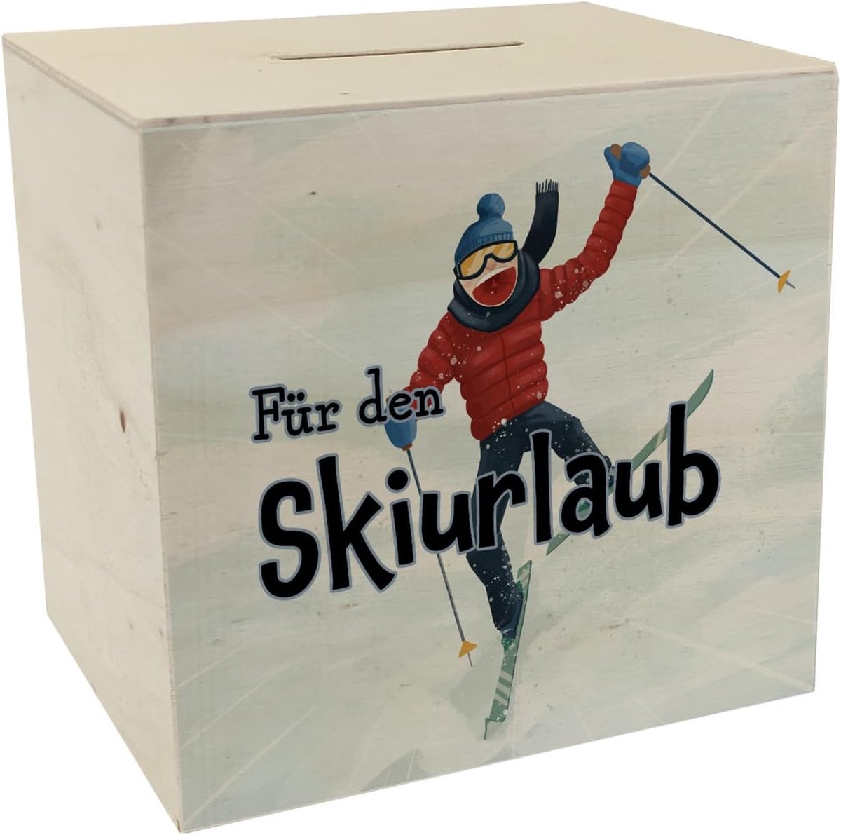 Spaarpot van hout met grappig skiërmotief en spreuk - Een leuk cadeau voor skiërs die wat geld willen sparen voor hun volgende skivakantie of liftticket.