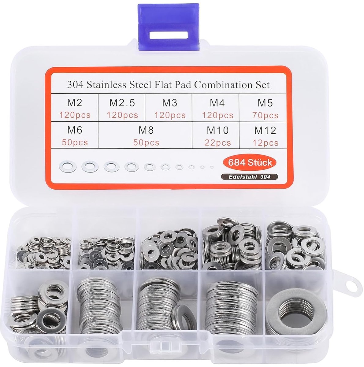 Ringmofset van 684 Delen - 9 Maten (M2, M2.5, M3, M4, M5, M6, M8, M10, M12) met Handige Opbergbox - Voor Klussen, Werkplaats, Fietsen en Meer