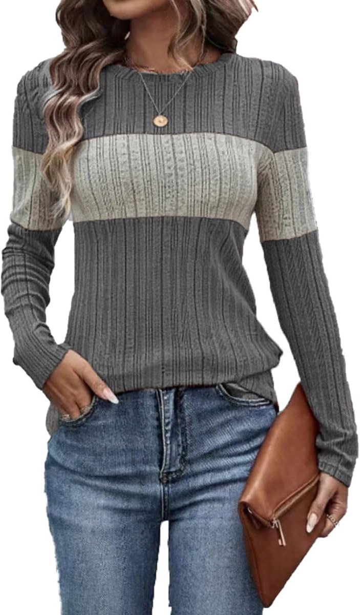 Pullover Dames Lange Mouwen Shirt Ronde Hals Casual Gebreide Trui Lichte Trui Herfst Tops Elegante Kleur Blok Tuniek Tops S-XXL