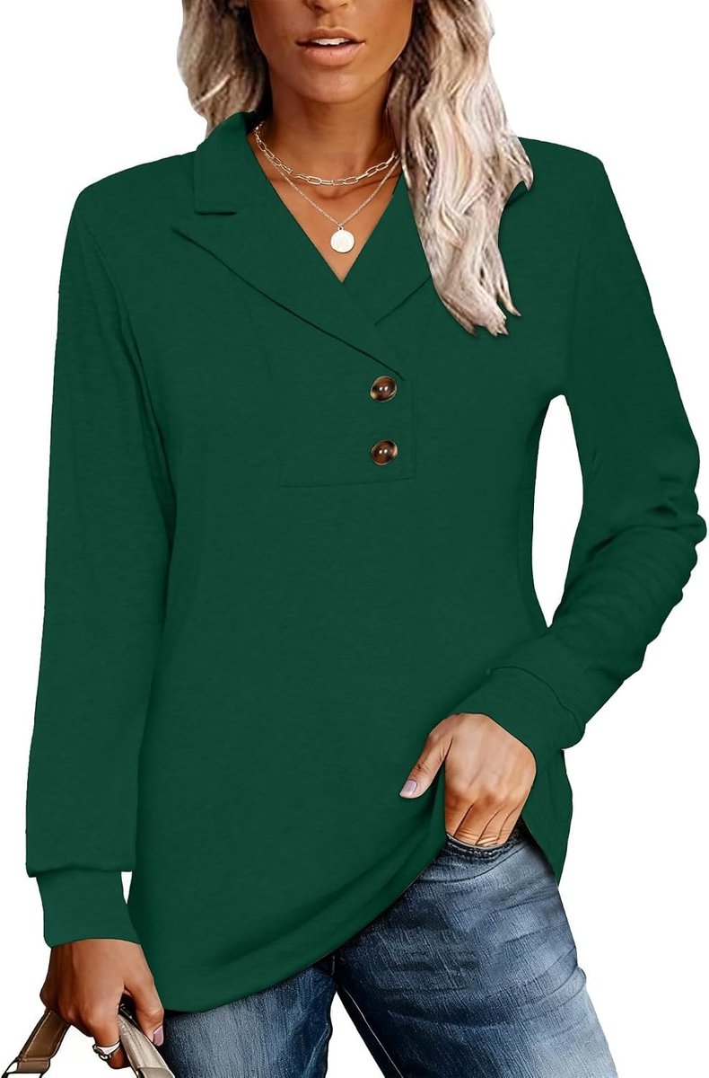 lange mouw knop revers tuniek tops V-hals zakelijke casual swing sweatshirt pullover 2025