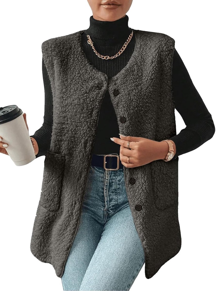 Mouwloos damesvest, lang, fleece, zacht, warm, jas, herfst, winter, sherpa, waistcoat, effen, V-hals, jassen, jas, mode, knoop, gewatteerd, jas met zakken