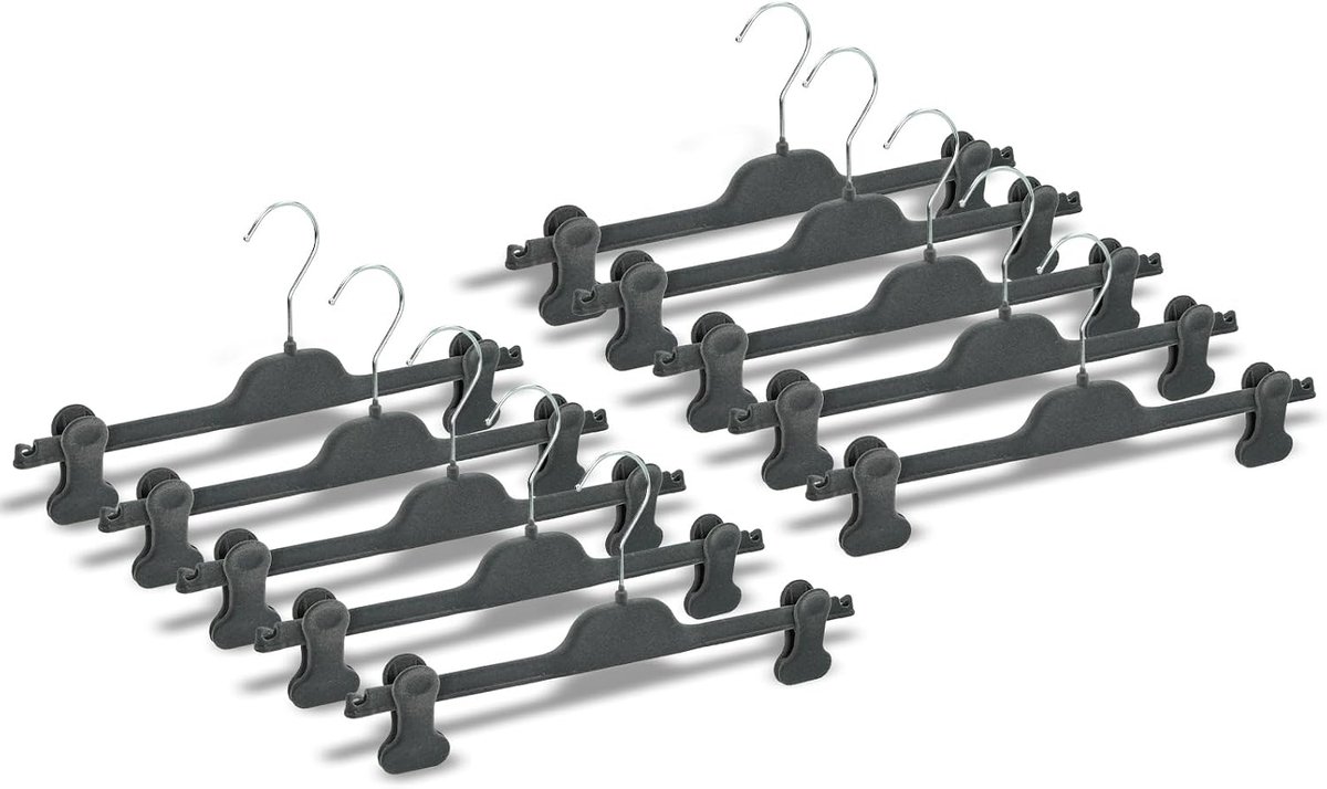 Antislip fluwelen kleerhangers met rubberen tang, voor rokken, jeans, broeken voor dames en heren, ruimtebesparend, licht, gemaakt in Italië, 10 stuks (grijs, 36 cm)