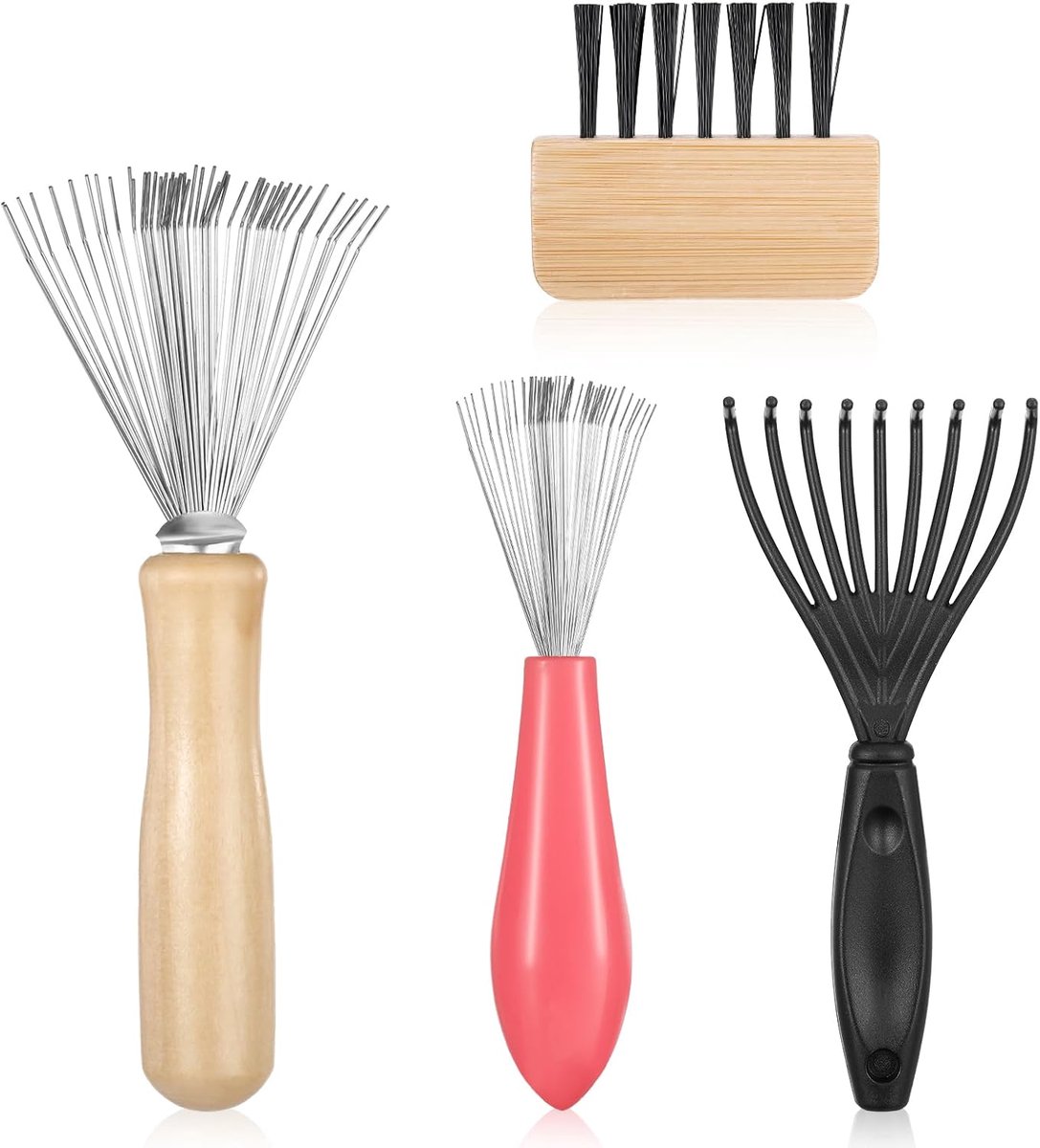 Dailygoods- Kammenset 4 Stuks - Zelfreinigend - Reinigingsborstel - Houten Handvat - Nylon/Roestvrij Staal - Ideaal voor Thuis/Salon - Haarborstelrein