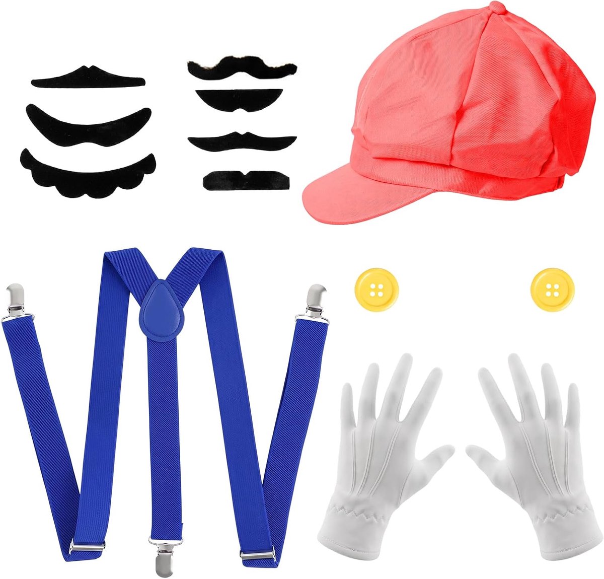 Brothers kostuum, hoed, petten, 7 snorren, 1 paar handschoenen, knopen, bretels, cosplay voor carnaval, Halloween
