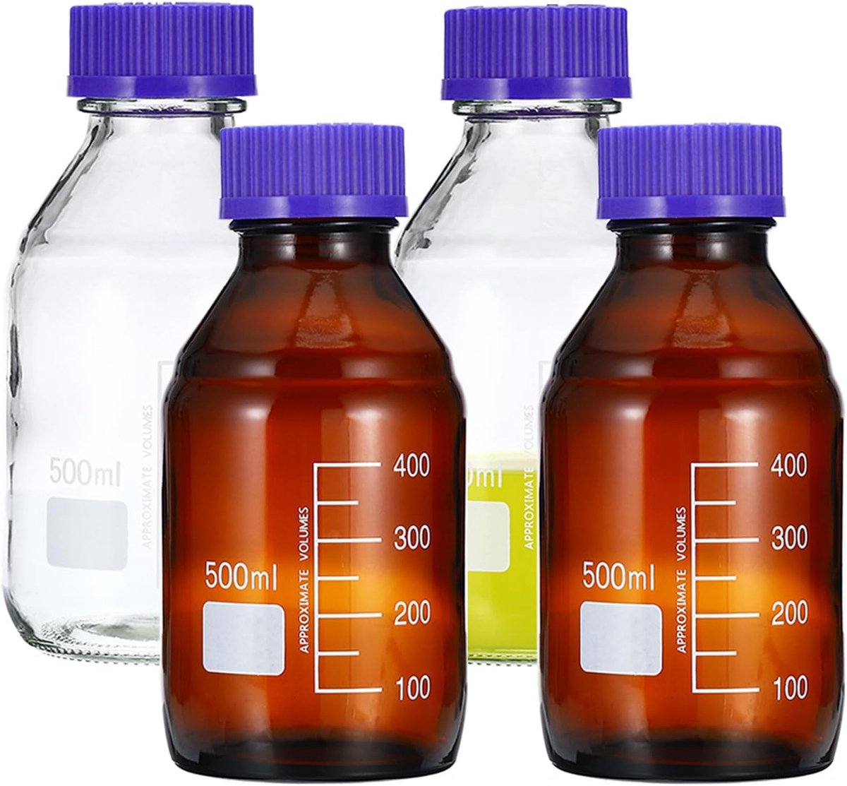500 ml monsterfles, 4 stuks reagens media opslagflessen borosilicaatglas gegradueerd rond met GL45 blauwe schroefdop voor laboratoriumwater reagensvloeistoffen, helder bruin