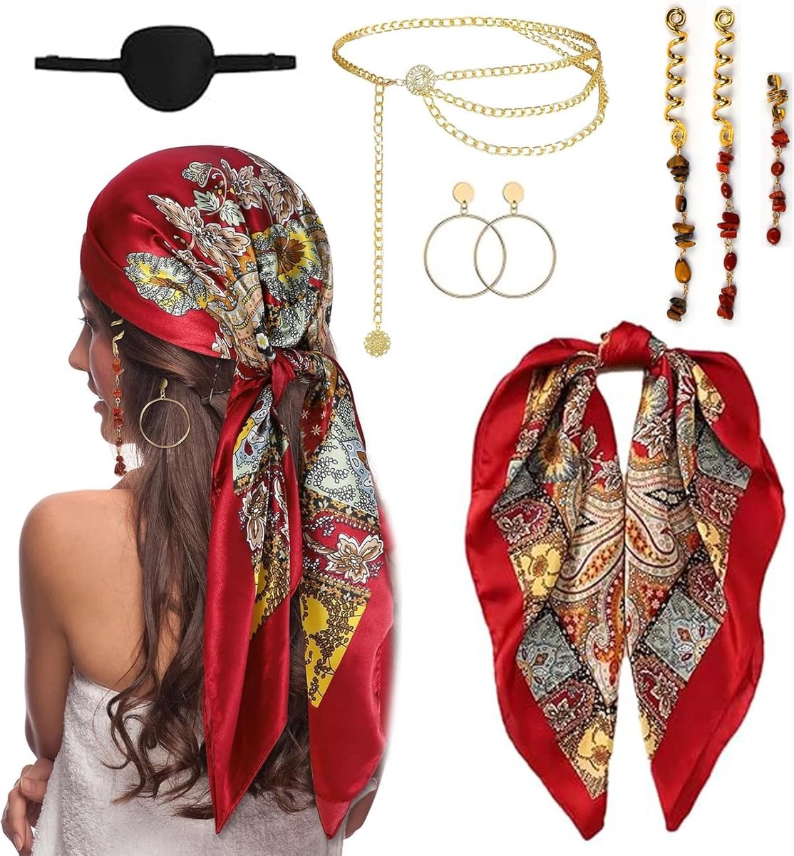 Dailygoods- Piratenkostuum Accessoires Set - 7 Stuks - Hoofdband/Oorbellen/Oogmasker - Tailleketting - Haaraccessoires - Authentieke Piratenlook - Pir