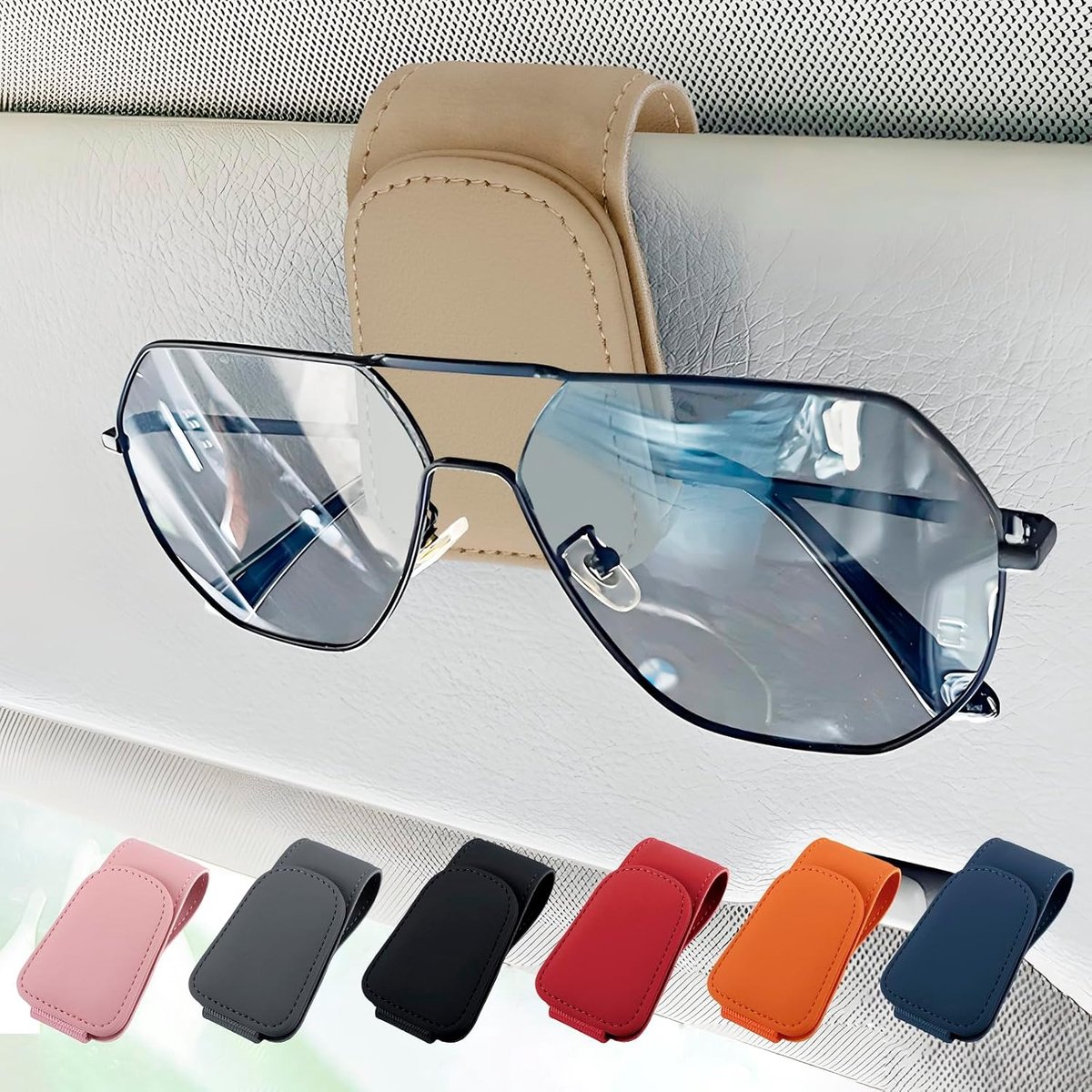 Zonnebrilhouder voor autozonneklep, zonnebrilhouder voor auto, magnetische lederen brillenhouders, brillenhanger, ticketkaartclip, universele zonnebrilhouders, auto-accessoires voor vrouwen (beige)