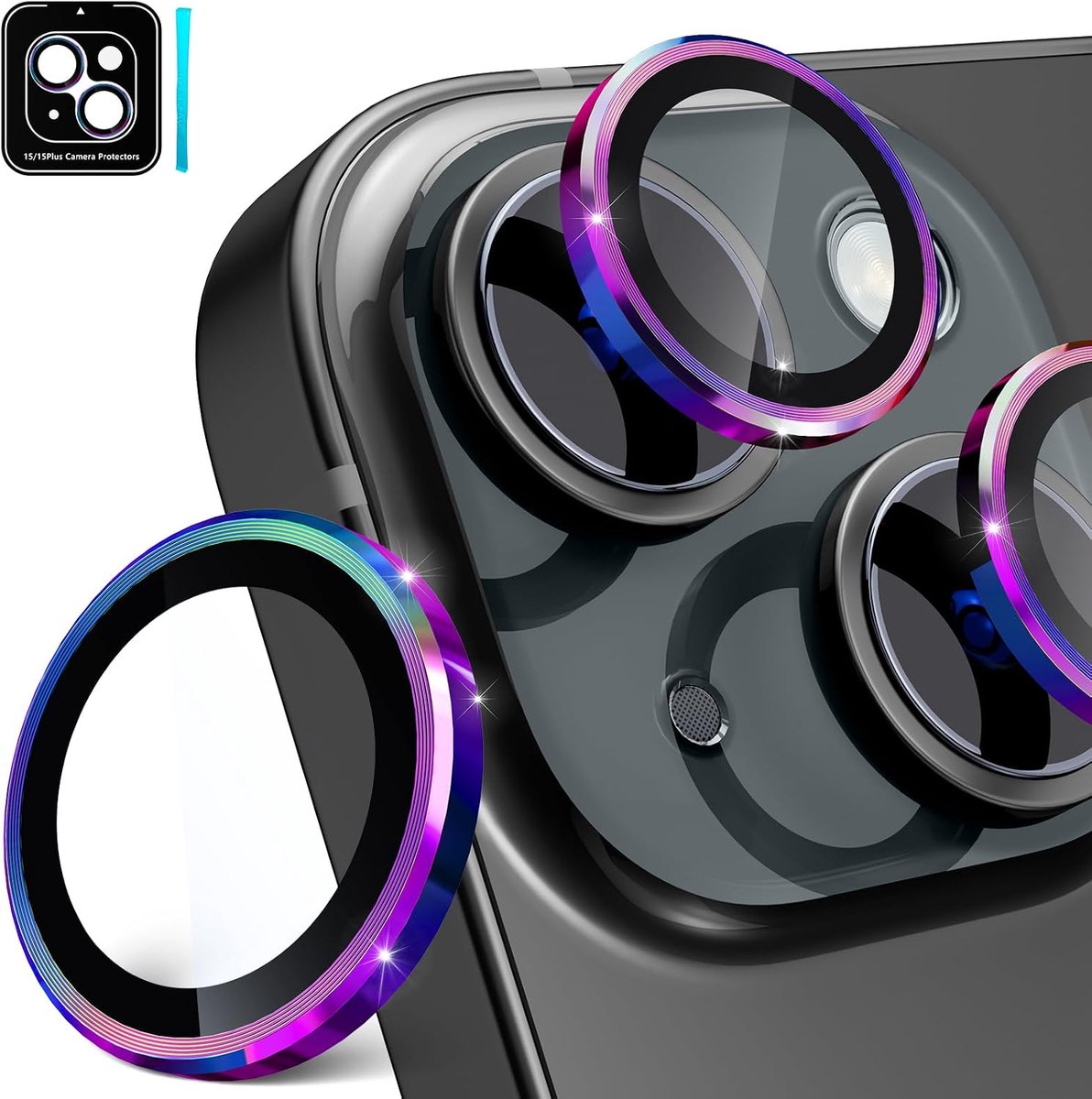 Imluckies Cameralensbeschermer voor iPhone 15 / iPhone 15 Plus, 9H gehard glas en anti-kras metalen individuele ringlenshoes, HD heldere camera-accessoires, hoesvriendelijk - kleurrijk