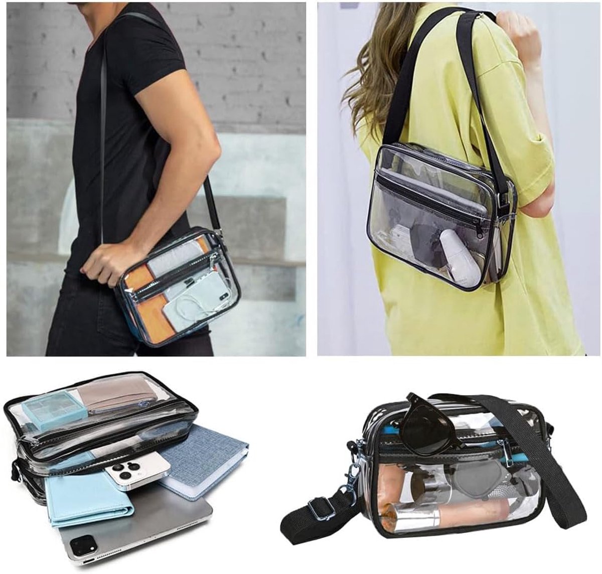 Pakket, zwart, schoudertas, transparant, verstelbare schouderriem, transparante tas voor dames en heren, waterdicht, voor concerten, winkelen, sportevenementen, festivals (25 x
